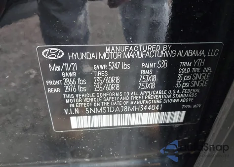 2021 Hyundai Santa Fe Se from USA, damaged, VIN 5NMS1DAJ8MH344041
